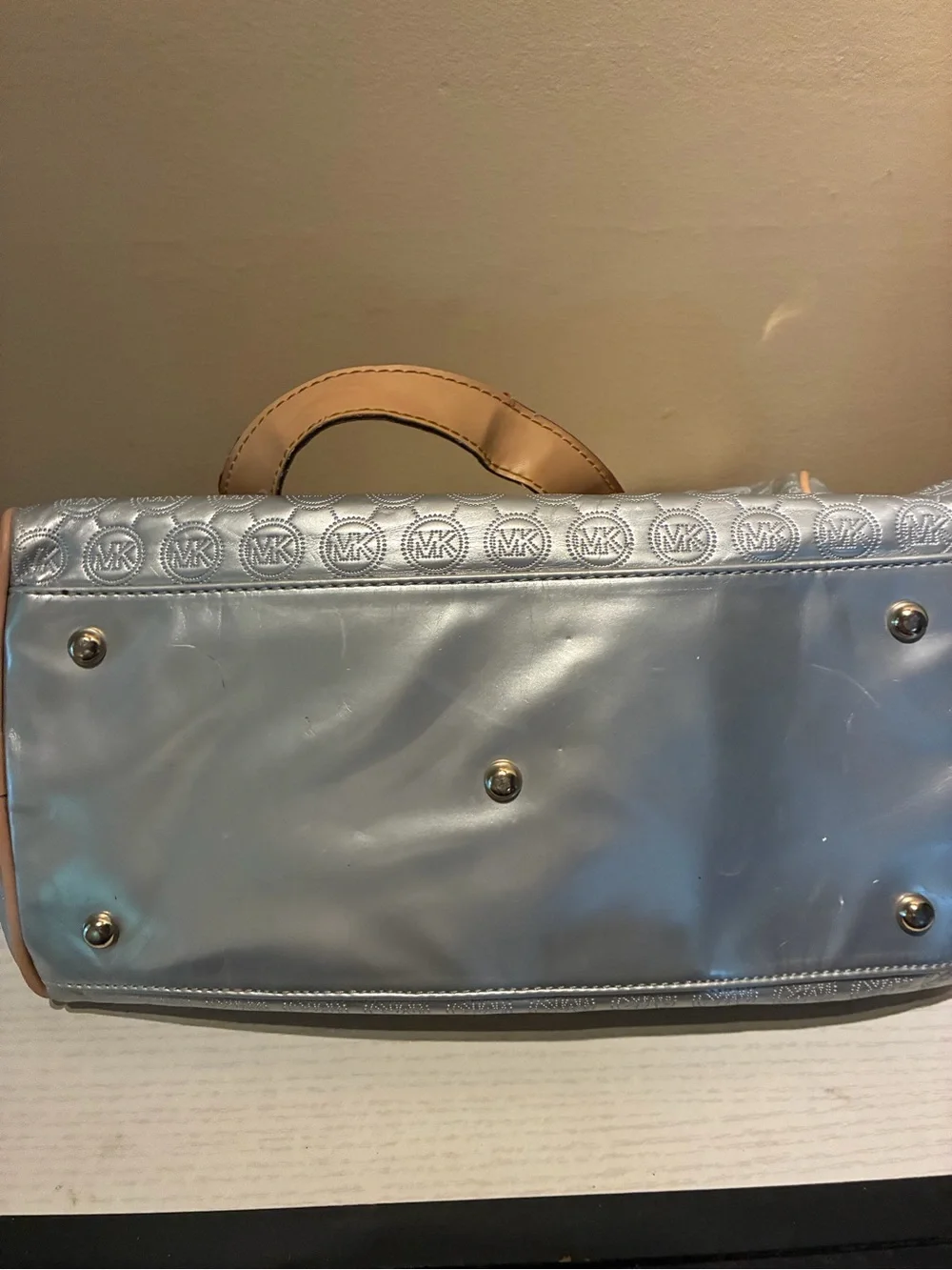 Michael Kors Silver Logo-Embossed Satchel with Tan Handles